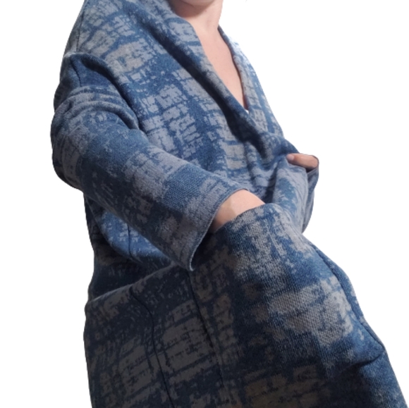 Pure Jill J Jill XL Indigo Blue Cotton Two-Tone Abstract One Button Cardigan - Picture 5 of 10